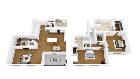 a 3d floor plan of a house with wood flooring